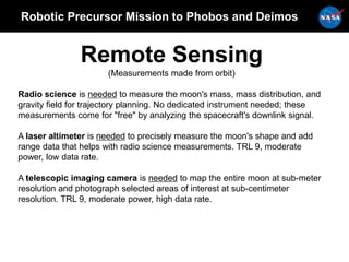 Robotic Precursor Mission to Phobos and Deimos
Remote Sensing
(Measurements made from orbit)
Radio science is needed to measure the moon's mass, mass distribution, and
gravity field for trajectory planning. No dedicated instrument needed; these
measurements come for "free" by analyzing the spacecraft's downlink signal.
A laser altimeter is needed to precisely measure the moon's shape and add
range data that helps with radio science measurements. TRL 9, moderate
power, low data rate.
A telescopic imaging camera is needed to map the entire moon at sub-meter
resolution and photograph selected areas of interest at sub-centimeter
resolution. TRL 9, moderate power, high data rate.
 