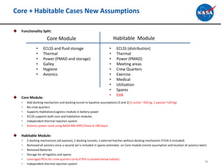 Core + Habitable Cases New Assumptions
 Functionality Split:
 Core Module:
• Add docking mechanism and docking tunnel to baseline assumptions (3 and 2) (1 active ~350 kg, 1 passive~120 kg)
• No crew quarters
• Supports Habitation/Logistics module in battery power
• ECLSS supports both core and habitation modules
• Independent thermal rejection system
• Avionics power sized using NASA-RM-4992 (fixed at 180 days)
 Habitable Module:
• 2 docking mechanisms (all passive), 2 docking tunnels, 1 external hatches without docking mechanism if EVA is included)
• Removed all avionics since a second set is included in spares estimates on Core module (revisit assumption and location of avionics later)
• Removed Batteries
• Storage for all logistics and spares
• Leveraged PEVs for crew quarters (only if PEV is located below habitat)
• Independent thermal rejection system
72
Core Module Habitable Module
• ECLSS and fluid storage
• Thermal
• Power (PMAD and storage)
• Galley
• Hygiene
• Avionics
• ECLSS (distribution)
• Thermal
• Power (PMAD)
• Meeting areas
• Crew Quarters
• Exercise
• Medical
• Utilization
• Spares
• EVA
 