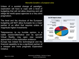 May 12-13, 2015
Astronauts and Robots: Partners in Space
Science and Exploration
Marcello Coradini: a European view
Unless of a societal change of paradigm,
exploration will have to cope with a level of
budgeting that will not allow dreaming and will
oblige the world space agencies to a very strict
pragmatism.
The level and the structure of the European
budgeting will NOT allow Europeto be a major
partner of an effort that requires orders of
magnitude higher investments
Telepresence, to my humble opinion, is a
viable solution/alternative and its spin-off,
Virtual Reality, may open new societal
appreciation of the exploration endeavor.
Europe has indeed the technological and the
financial capability to be a significant partner of
a cheaper and more pragmatic Exploration
Initiative
 