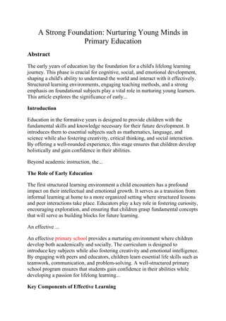 A Strong Foundation: Nurturing Young Minds in Primary Education | PDF