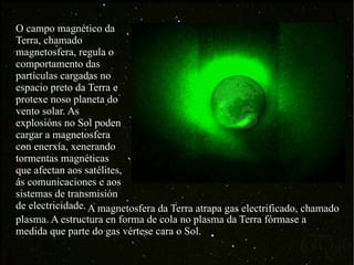 O campo magnético da Terra, chamado magnetosfera, regula o comportamento das partículas cargadas no espacio preto da Terra e protexe noso planeta do vento solar. As explosións no Sol poden cargar a magnetosfera con enerxía, xenerando tormentas magnéticas que afectan aos satélites, ás comunicaciones e aos sistemas de transmisión de electricidade.  A magnetosfera da Terra atrapa gas electrificado, chamado plasma. A estructura en forma de cola no plasma da Terra fórmase a medida que parte do gas vértese cara o Sol. 