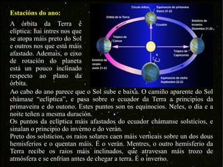 Estacións do ano: A órbita da Terra é elíptica: hai intres nos que se atopa máis preto do Sol e outros nos que está máis afastado. Ademais, o eixo de rotación do planeta está un pouco inclinado respecto ao plano da órbita. Ao cabo do ano parece que o Sol sube e baixa. O camiño aparente do Sol chámase “eclíptica”, e pasa sobre o ecuador da Terra a principios da primaveira e do outono. Estes puntos son os equinocios. Neles, o día e a noite teñen a mesma duración. Os puntos da eclíptica máis afastados do ecuador chámanse solsticios, e sinalan o principio do inverno e do verán. Preto dos solsticios, os raios solares caen máis verticais sobre un dos dous hemisferios e o quentan máis. É o verán. Mentres, o outro hemisferio da Terra recibe os raios máis inclinados, que atravesan máis trozo de atmósfera e se enfrían antes de chegar a terra. É o inverno. 