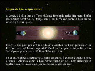 Eclipse de Lúa, eclipse de Sol: Ás veces, o Sol, a Lúa e a Terra sitúanse formando unha liña recta. Entón prodúcense sombras, de forma que a da Terra cae sobre a Lúa ou ao revés. Son os eclipses. Cando a Lúa pasa por detrás e sitúase á sombra da Terra, prodúcese un Eclipse Lunar (debuxo, esquerda). Cando a Lúa pasa entre a Terra e o Sol, tápao e prodúcese un Eclipse Solar (dereita). Se un astro chega a ocultar totalmente ao outro, o eclipse é total, se non, é parcial. Algunes veces a Lúa ponse diante do Sol, pero únicamente oculta o centro. Entón o eclipse ten forma anular, de anel. 