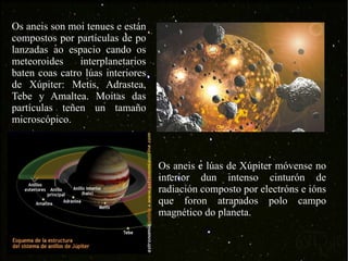 Os aneis e lúas de Xúpiter móvense no interior dun intenso cinturón de radiación composto por electróns e ións que foron atrapados polo campo magnético do planeta. Os aneis son moi tenues e están compostos por partículas de po lanzadas ao espacio cando os meteoroides interplanetarios baten coas catro lúas interiores de Xúpiter: Metis, Adrastea, Tebe y Amaltea. Moitas das partículas teñen un tamaño microscópico. 