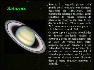 Saturno: Saturno é o segundo planeta máis grande do sistema solar cun diámetro ecuatorial de 119.300km. Está claramente achatado nos polos, como resultado da rápida rotación do planeta ao redor do seu eixe. O seu día dura 10 horas, 39 minutos e tarda 29,5 anos terrestres en completar a súa órbita ao redor do Sol.  O vento sopra a grandes velocidades en Saturno (puidendo acadar os 500m/s) e sopra principalmente cara ao leste. Os ventos máis fortes atópanse preto do ecuador e a súa velocidade diminúe uniformemente a medida que nos afastamos del. A latitudes por encima dos 35 grados, os ventos alternan a súa dirección deste a oeste segundo aumenta a latitude. 