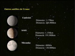 Outros satélites de Urano: Umbriel:  Diámetro: 1.170km Distancia: 266.000km Ariel: Diámetro: 1.156km Distancia: 191.000km Miranda: Diámetro: 480km Distancia: 130.000km 