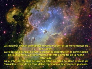 Las palabras sobran cuando nos tropezamos con estos monumentos de
                              luz y color.
La Nebulosa del Águila o M16 la podemos encontrar en la constelación
   de la Serpiente, y es una ventana abierta en medio de la noche
                              estrellada.
En su interior, racimos de jóvenes estrellas están en pleno proceso de
formación, creando un formidable espectáculo de emisiones gaseosas.
 