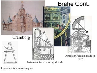 Brahe Cont.
Uraniborg
Instrument to measure angles
Instrument for measuring altitude
Azimuth Quadrant made in
1577.
 