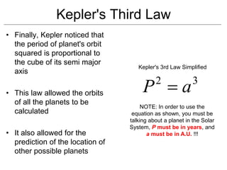 Kepler's Third Law
• Finally, Kepler noticed that
the period of planet's orbit
squared is proportional to
the cube of its semi major
axis
• This law allowed the orbits
of all the planets to be
calculated
• It also allowed for the
prediction of the location of
other possible planets
3
2
a
P 
Kepler's 3rd Law Simplified
NOTE: In order to use the
equation as shown, you must be
talking about a planet in the Solar
System, P must be in years, and
a must be in A.U. !!!
 