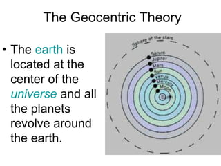 The Geocentric Theory
• The earth is
located at the
center of the
universe and all
the planets
revolve around
the earth.
 