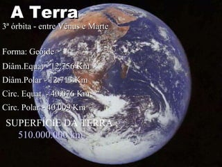 A Terra 3ª órbita - entre Vênus e Marte Forma: Geóide Diâm.Equat - 12.756 Km Diâm.Polar - 12.713 Km Circ. Equat. - 40.076 Km Circ. Polar - 40.009 Km SUPERFÍCIE DA TERRA : 510.000.000 km 2 