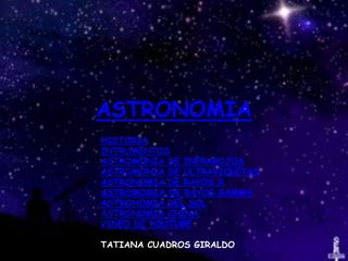 ASTRONOMIA
HISTORIA
INTRUMENTOS
ASTROMONIA DE INFRAROJOS
ASTROMONIA DE ULTRAVIOLETAS
ASTRONOMIA DE RAYOS X
ASTROMOMIA DE RAYOS GAMMA
ASTRONOMIA DEL SOL
ASTRONOMIA CHINA
VIDEO DE YOUTUBE

TATIANA CUADROS GIRALDO
 