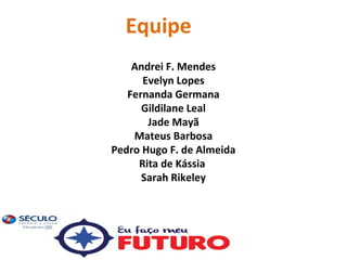 Equipe
Andrei F. Mendes
Evelyn Lopes
Fernanda Germana
Gildilane Leal
Jade Mayã
Mateus Barbosa
Pedro Hugo F. de Almeida
Rita de Kássia
Sarah Rikeley

 