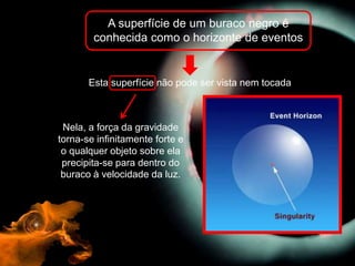 A superfície de um buraco negro é
conhecida como o horizonte de eventos
Esta superfície não pode ser vista nem tocada
Nela, a força da gravidade
torna-se infinitamente forte e
o qualquer objeto sobre ela
precipita-se para dentro do
buraco à velocidade da luz.
 