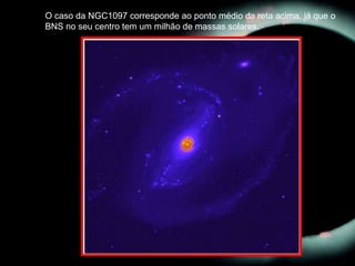 O caso da NGC1097 corresponde ao ponto médio da reta acima, já que o
BNS no seu centro tem um milhão de massas solares.
 
