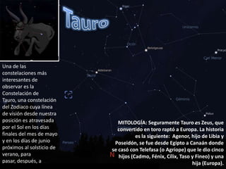 TauroUna de las constelaciones más interesantes de observar es la Constelación de Tauro, una constelación del Zodiaco cuya línea de visión desde nuestra posición es atravesada por el Sol en los días finales del mes de mayo y en los días de junio próximos al solsticio de verano, para pasar, después, a Géminis. MITOLOGÍA: Seguramente Tauro es Zeus, que convertido en toro raptó a Europa. La historia es la siguiente:  Agenor, hijo de Libia y Poseidón, se fue desde Egipto a Canaán donde se casó con Telefasa (o Agríope) que le dio cinco hijos (Cadmo, Fénix, Cílix, Taso y Fineo) y una hija (Europa). 