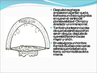 Después los griegos empezaron a pensar que la tierra era un disco que giraba en que en el centro del planeta estaba el Olimpo y alrededor un inmenso mar. También plantearon la idea de que las estrellas podrían servir de guía, después de que establecieron la osa mayor y orión. En esta época un hombre llamado Eudoxo creo varias esferas que rodeaban a la tierra, como modelos de la misma  