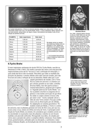 7
Na tabela vemos os valores
das distâncias médias entre os
planetas e o Sol, obtidas por
Copérnico e os valores conhe-
cidos na atualidade. É impres-
sionante a exatidão dos valo-
res encontrados por Copérni-
co.
* 1 UA (Unidade Astronômica)
é igual à distancia média entre
a Terra e o Sol.
6.Tycho Brahe
O mais importante astrônomo do século XVI foi Tycho Brahe, nascido na
Dinamarca (1546 a 1601). Ele mediu a posição dos astros com uma precisão
impressionante (cerca de 0,1º de arco) e sem a utilização do telescópio, o
qual ainda não havia sido inventado. Descobriu que todas as medidas das
posições de planetas e estrelas obtidas antes dele estavam erradas, pois não
levavam em conta a refração da luz na atmosfera. Brahe sabia que a con-
cepção geocêntrica de mundo, com a Terra
fixa no centro do universo e os demais cor-
pos celestes girando ao seu redor, continha
diversas falhas, mas não queria aceitar o
sistema heliocêntrico, proposto por Copérni-
co. Segundo palavras de Tycho Brahe: “co-
mo se podem conciliar as conquista de Co-
pérnico e esta minha convicção de que Deus
fez andar os corpos celestes à nossa volta
por amor a nós”. Assim, tentando salvar a
idéia de uma Terra central e fixa que combi-
nasse com as observações por ele obtidas,
fez adaptações no sistema geocêntrico. No
modelo criado por Brahe, a Terra é o centro
do universo, mas os planetas girariam em torno do Sol e esse, por sua vez,
assim como a Lua, estaria em órbita em torno da Terra. A principal contri-
buição de Tycho Brahe, no entanto, foi considerar que o modelo correto se-
ria encontrado se as posições reais dos planetas e estrelas no céu fossem
medidas com precisão suficiente. Perseguindo essa idéia, ele estudou por
vários anos a posição dos astros e compilou tabelas volumosas. Esses dados
foram, posteriormente, utilizados pelo seu discípulo, o astrônomo e mate-
mático Johannes Kepler, na formulação das três leis dos movimentos plane-
tários.
PLANETA Valor copernicano Valor atual
Mercúrio 0,38 UA 0,39 UA
Vênus 0,72 UA 0,72 UA
Terra 1,00 UA 1,00 UA
Marte 1,52 UA 1,52 UA
Júpiter 5,22 UA 5,20 UA
Saturno 9,07 UA 9,54 UA
Urano - 19,19 UA
Netuno - 30,06 UA
Plutão - 39,53 UA
Giordano Bruno
Em 1584, o filósofo italiano Giorda-
no Bruno (1548-1600), em seu livro
Acerca do Universo Infinito e dos
Mundos, publicado em Londres,
defendeu ardorosamente o helio-
centrismo, bem como a pluralidade
dos mundos habitados, já admitida
pelo astrônomo, matemático e
filósofo, Cardeal Nicolau de Cusa
(1401-1464), no século XV. A defe-
sa destas idéias fez com que Gior-
dano Bruno fosse excomungado e
queimado vivo pela Santa Inquisi-
ção.
No modelo heliocêntrico, a Terra e os demais planetas orbitam em volta do Sol. A Terra tem
velocidade orbital maior que a do planeta Marte. Assim, a Terra ultrapassa Marte, fazendo com
que esse planeta pareça estar, por alguns meses, retrocedendo (da posição 4 até a 6) em
relação às estrelas de fundo.
Tycho Brahe perdeu a ponta
de seu nariz num duelo com
espadas. Por isso, usava uma
prótese de platina.
O quadrante de 5,4m de raio que
Brahe mandou construir em seu
observatório.
 