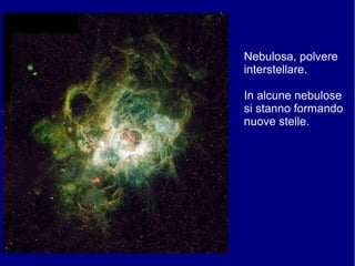 Nebulosa, polvere
interstellare.

In alcune nebulose
si stanno formando
nuove stelle.
 