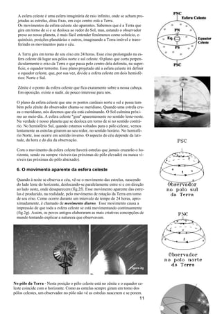 11
A esfera celeste é uma esfera imaginária de raio infinito, onde se acham pro-
jetadas as estrelas, ditas fixas, em cujo centro está a Terra.
Os movimentos da esfera celeste são aparentes. Sabemos que é a Terra que
gira em torno de si e se desloca ao redor do Sol, mas, estando o observador
preso ao nosso planeta, é mais fácil entender fenômenos como solstício, e-
quinócio, posições planetárias e outros, imaginando a Terra imóvel e trans-
ferindo os movimentos para o céu.
A Terra gira em torno de seu eixo em 24 horas. Esse eixo prolongado na es-
fera celeste dá lugar aos pólos norte e sul celeste. O plano que corta perpen-
dicularmente o eixo da Terra e que passa pelo centro dela delimita, na super-
fície, o equador terrestre. Esse plano projetado até a esfera celeste irá definir
o equador celeste, que, por sua vez, divide a esfera celeste em dois hemisfé-
rios: Norte e Sul.
Zênite é o ponto da esfera celeste que fica exatamente sobre a nossa cabeça.
Em oposição, existe o nadir, de pouco interesse para nós.
O plano da esfera celeste que une os pontos cardeais norte e sul e passa tam-
bém pelo zênite do observador chama-se meridiano. Quando uma estrela cru-
za o meridiano, nós dizemos que ela está culminando. O Sol culmina próxi-
mo ao meio-dia. A esfera celeste "gira" aparentemente no sentido leste-oeste.
Na verdade é nosso planeta que se desloca em torno de si no sentido contrá-
rio. No hemisfério Sul, quando estamos voltados para o pólo celeste, vemos
lentamente as estrelas girarem ao seu redor, no sentido horário. No hemisfé-
rio Norte, isso ocorre em sentido inverso. O aspecto do céu depende da lati-
tude, da hora e do dia da observação.
Com o movimento da esfera celeste haverá estrelas que jamais cruzarão o ho-
rizonte, sendo ou sempre visíveis (as próximas do pólo elevado) ou nunca vi-
síveis (as próximas do pólo abaixado).
6. O movimento aparente da esfera celeste
Quando à noite se observa o céu, vê-se o movimento das estrelas, nascendo
do lado leste do horizonte, deslocando-se paralelamente entre si e em direção
ao lado oeste, onde desaparecem (fig.2f). Esse movimento aparente das estre-
las é produzido, na realidade, pelo movimento de rotação da Terra em torno
de seu eixo. Como ocorre durante um intervalo de tempo de 24 horas, apro-
ximadamente, é chamado de movimento diurno. Esse movimento causa a
impressão de que toda a esfera celeste se está movimentando continuamente
(fig.2g). Assim, os povos antigos elaboraram as mais criativas concepções de
mundo tentando explicar a natureza que observavam.
No pólo da Terra - Nesta posição o pólo celeste está no zênite e o equador ce-
leste coincide com o horizonte. Como as estrelas sempre giram em torno dos
pólos celestes, um observador no pólo não vê as estrelas nascerem e se porem.
Figura 2g
 