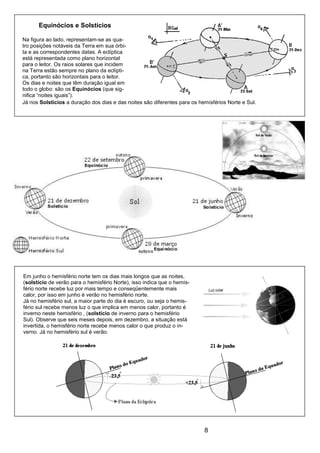 8
Equinócios e Solstícios
Na figura ao lado, representam-se as qua-
tro posições notáveis da Terra em sua órbi-
ta e as correspondentes datas. A eclíptica
está representada como plano horizontal
para o leitor. Os raios solares que incidem
na Terra estão sempre no plano da eclípti-
ca, portanto são horizontais para o leitor.
Os dias e noites que têm duração igual em
todo o globo: são os Equinócios (que sig-
nifica “noites iguais”).
Já nos Solstícios a duração dos dias e das noites são diferentes para os hemisférios Norte e Sul.
Em junho o hemisfério norte tem os dias mais longos que as noites,
(solstício de verão para o hemisfério Norte), isso indica que o hemis-
fério norte recebe luz por mais tempo e conseqüentemente mais
calor, por isso em junho é verão no hemisfério norte.
Já no hemisfério sul, a maior parte do dia é escuro, ou seja o hemis-
fério sul recebe menos luz o que implica em menos calor, portanto é
inverno neste hemisfério , (solstício de inverno para o hemisfério
Sul). Observe que seis meses depois, em dezembro, a situação está
invertida, o hemisfério norte recebe menos calor o que produz o in-
verno. Já no hemisfério sul é verão.
 