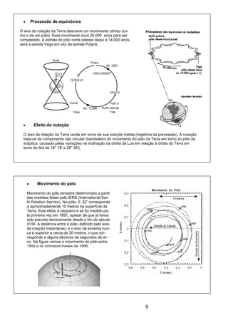 9
Precessão de equinócios
O eixo de rotação da Terra descreve um movimento cônico (co-
mo o de um pião). Esse movimento dura 26.000 anos para ser
completado. A estrela do pólo norte celeste daqui a 14.000 anos,
será a estrela Vega em vez da estrela Polaris.
Efeito da nutação
O eixo de rotação da Terra oscila em torno de sua posição média (trajetória da precessão). A nutação
trata-se da componente não circular (bamboleio) do movimento do pólo da Terra em torno do pólo da
eclíptica, causada pelas variações na inclinação da órbita da Lua em relação à órbita da Terra em
torno do Sol de 18° 18' a 28° 36').
Movimento do pólo
Movimento do pólo terrestre determinado a partir
das medidas feitas pelo IERS (International Ear-
th Rotation Service). No pólo, 0, 32” corresponde
a aproximadamente 10 metros na superfície da
Terra. Este efeito é pequeno e só foi medido pe-
la primeira vez em 1891, apesar de que já havia
sido previsto teoricamente desde o ﬁm do século
XVIII. A distância entre o pólo, definido pelo eixo
de rotação instantâneo, e o eixo de simetria nun-
ca é superior a cerca de 20 metros, o que cor-
responde a alguns décimos de segundos de ar-
co. Na figura vemos o movimento do pólo entre
1992 e os primeiros meses de 1999.
 