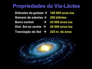 Propriedades da Via-Láctea 225 m. de anos Translação do Sol   26 000 anos-luz Dist. Sol ao centro   25 000 anos-luz Barra central   200 bilhões Número de estrelas   100 000 anos-luz Diâmetro da galáxia   