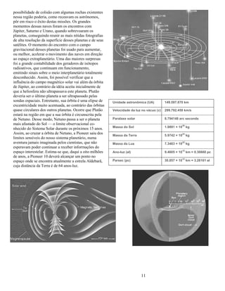 11
possibilidade de colisão com algumas rochas existentes
nessa região poderia, como receavam os astrônomos,
pôr em risco o êxito destas missões. Os grandes
momentos dessas naves foram os encontros com
Júpiter, Saturno e Urano, quando sobrevoaram os
planetas, conseguindo reunir as mais nítidas fotografias
de alta resolução da superfície desses planetas e de seus
satélites. O momento do encontro com o campo
gravitacional desses planetas foi usado para aumentar,
ou melhor, acelerar o movimento das naves em direção
ao espaço extraplanetário. Uma das maiores surpresas
foi a grande contabilidade dos geradores de isótopos
radioativos, que continuam em funcionamento,
emitindo sinais sobre o meio interplanetário totalmente
desconhecido. Assim, foi possível verificar que a
influência do campo magnético solar vai além da órbita
de Júpiter, ao contrário da idéia aceita inicialmente de
que a heliosfera não ultrapassava este planeta. Plutão
deveria ser o último planeta a ser ultrapassado pelas
sondas espaciais. Entretanto, sua órbita é uma elipse de
excentricidade muito acentuada, ao contrário das órbitas
quase circulares dos outros planetas. Ocorre que Plutão
estará na região em que a sua órbita é circunscrita pela
de Netuno. Desse modo, Netuno passa a ser o planeta
mais afastado do Sol — o limite observacional co-
nhecido do Sistema Solar durante os próximos 15 anos.
Assim, ao cruzar a órbita de Netuno, a Pioneer saiu dos
limites sensíveis do nosso sistema planetário, numa
aventura jamais imaginada pelos cientistas, que não
esperavam poder continuar a receber inforrnações do
espaço interestelar. Estima-se que, daqui a oito milhões
de anos, a Pioneer 10 deverá alcançar um ponto no
espaço onde se encontra atualmente a estrela Aldebarã,
cuja distância da Terra é de 64 anos-luz.
Unidade astronômica (UA) 149.597.870 km
Velocidade da luz no vácuo (c) 299.792.458 km/s
Paralaxe solar 8.794148 arc seconds
Massa do Sol 1.9891 × 10
30
kg
Massa da Terra 5.9742 × 10
24
kg
Massa da Lua 7.3483 × 10
22
kg
Ano-luz (al) 9.4605 × 10
12
km = 0.30660 pc
Parsec (pc) 30.857 × 10
12
km = 3.26161 al
 