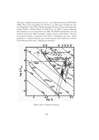 443) para medidas diretamente no c´eu, e por Hans Rosenberg (1879-1940)
(1906, Nova Acta Leopoldina 85, Sterne I, 2, 224) para medidas de pla-
cas fotogr´aﬁcas. Os CCDs (Charge-Coupled Devices) foram inventados por
George Smith e Willard Boyle, do Bell Labs, em 1969, e foram utilizados
pela primeira vez em astronomia em 1983. Os CCDs normalmente n˜ao s˜ao
sens´ıveis abaixo de 4000 ˚A porque o sil´ıcio absorve estes f´otons. Por isto
´e necess´ario reduzir a expessura dos CCDs e ilumin´a-los por tr´as. Outro
problema ´e o ru´ıdo de leitura, que ´e maior quanto mais r´apido for a leitura
(2-10 el´etrons/pixel para 1 Mpixel por segundo).
Figura 22.11: Estrelas Vari´aveis.
275
 