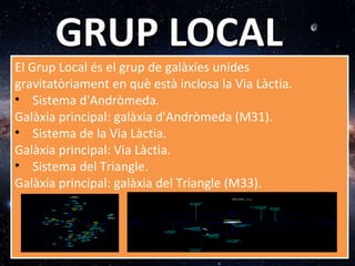 GRUP LOCALGRUP LOCAL
El Grup Local és el grup de galàxies unides
gravitatòriament en què està inclosa la Via Làctia.
• Sistema d'Andròmeda.
Galàxia principal: galàxia d'Andròmeda (M31).
• Sistema de la Via Làctia.
Galàxia principal: Via Làctia.
• Sistema del Triangle.
Galàxia principal: galàxia del Triangle (M33).
El Grup Local és el grup de galàxies unides
gravitatòriament en què està inclosa la Via Làctia.
• Sistema d'Andròmeda.
Galàxia principal: galàxia d'Andròmeda (M31).
• Sistema de la Via Làctia.
Galàxia principal: Via Làctia.
• Sistema del Triangle.
Galàxia principal: galàxia del Triangle (M33).
 