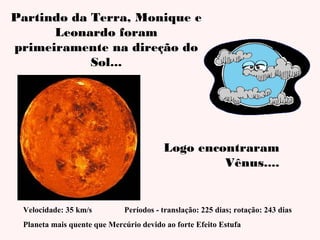 Partindo da Terra, Monique e
Leonardo foram
primeiramente na direção do
Sol...

Logo encontraram
Vênus....

Velocidade: 35 km/s

Períodos - translação: 225 dias; rotação: 243 dias

Planeta mais quente que Mercúrio devido ao forte Efeito Estufa

 