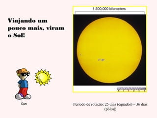 Viajando um
pouco mais, viram
o Sol!

Período de rotação: 25 dias (equador) – 36 dias
(pólos|)

 