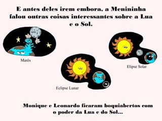 E antes deles irem embora, a Menininha
falou outras coisas interessantes sobre a Lua
e o Sol.

Marés
Elipse Solar

Eclipse Lunar

Monique e Leonardo ficaram boquiabertos com
o poder da Lua e do Sol...

 