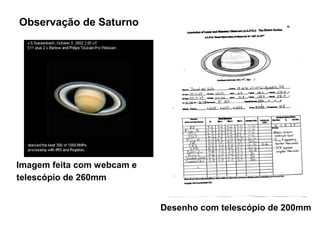 Observação de Saturno




Imagem feita com webcam e
telescópio de 260mm


                            Desenho com telescópio de 200mm
 