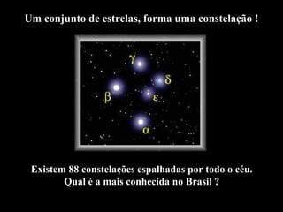 Um conjunto de estrelas, forma uma constelação !




 Existem 88 constelações espalhadas por todo o céu.
        Qual é a mais conhecida no Brasil ?
 