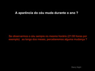 A aparência do céu muda durante o ano ?




Se observarmos o céu sempre no mesmo horário (21:00 horas por
exemplo) ao longo dos meses, perceberemos alguma mudança ?




                                                Starry Night
 