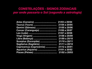 CONSTELAÇÕES - SIGNOS ZODIACAIS
por onde passaria o Sol (segundo a astrologia)


  Aries (Carneiro) ..................................      21/03 a 20/04
  Taurus (Touro) ....................................      21/04 a 20/05
  Gemini (Gêmeos) ................................         21/05 a 20/06
  Cancer (Caranguejo) ..........................           21/06 a 20/07
  Leo (Leão) ...........................................   21/07 a 20/08
  Virgo (Virgem) .....................................     21/08 a 20/09
  Libra (Balança) ....................................     21/09 a 20/10
  Scorpius (Escorpião) ..........................           21/10 a 20/11
  Sagitarius (Sagitário) ..........................         21/11 a 20/12
  Capricornus (Capricórnio) .................              21/12 a 20/01
  Aquarius (Aquário) .............................         21/01 a 20/02
  Pisces (Peixes) ....................................      21/02 a 20/03
 