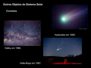 Outros Objetos do Sistema Solar

  Cometas




                                    Hyakutake em 1995.




 Halley em 1986.




              Halle-Bopp em 1997.
 