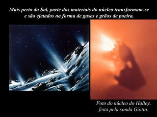 Mais perto do Sol, parte dos materiais do núcleo transformam-se
      e são ejetados na forma de gases e grãos de poeira.




                                       Foto do núcleo do Halley,
                                        feita pela sonda Giotto.
 