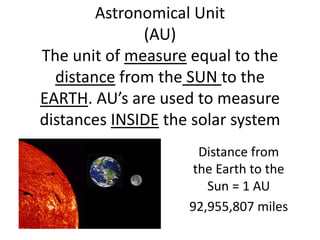 Astronomical Unit
(AU)
The unit of measure equal to the
distance from the SUN to the
EARTH. AU’s are used to measure
distances INSIDE the solar system
Distance from
the Earth to the
Sun = 1 AU
92,955,807 miles
 