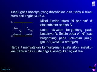 DND-2006
Tinjau garis absorpsi yang disebabkan oleh transisi suatu
atom dari tingkat a ke b.
a
b
hυ
hυ
absorpsi emisi
Misal jumlah atom ini per cm2
di
atas fotosfer adalah N.
Lebar ekivalen bergantung pada
besarnya N. Selain pada N, Wλ juga
bergantung pada kekuatan peng-
getar f (oscillator strength)
Harga f menyatakan kemungkinan suatu atom melaku-
kan transisi dari suatu tingkat energi ke tingkat lain.
 