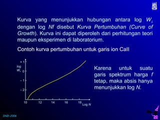 DND-2006
Kurva yang menunjukkan hubungan antara log Wλ
dengan log Nf disebut Kurva Pertumbuhan (Curve of
Growth). Kurva ini dapat diperoleh dari perhitungan teori
maupun eksperimen di laboratorium.
Contoh kurva pertumbuhan untuk garis ion CaII
Karena untuk suatu
garis spektrum harga f
tetap, maka absis hanya
menunjukkan log N.
Log N
10 12 14 16 18
− 2
0
+ 1
− 1
log
Wλ
 
