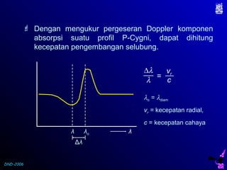 DND-2006
Δλ
 Dengan mengukur pergeseran Doppler komponen
absorpsi suatu profil P-Cygni, dapat dihitung
kecepatan pengembangan selubung.
λo λλ
∆λ
λ
vr
c
=
λo = λdiam
vr = kecepatan radial,
c = kecepatan cahaya
 
