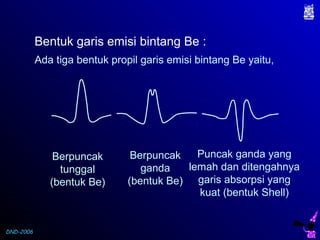 DND-2006
Bentuk garis emisi bintang Be :
Ada tiga bentuk propil garis emisi bintang Be yaitu,
Berpuncak
tunggal
(bentuk Be)
Berpuncak
ganda
(bentuk Be)
Puncak ganda yang
lemah dan ditengahnya
garis absorpsi yang
kuat (bentuk Shell)
 