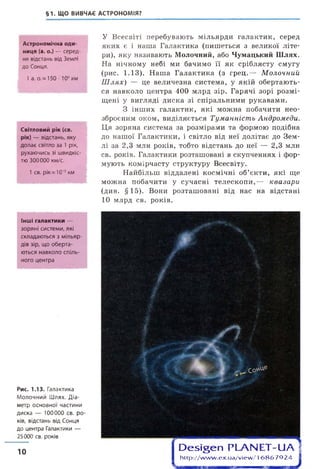 §1. ЩО ВИВЧАЄ АСТРОНОМІЯ?
Астрономічна оди­
ниця (а. о.) — серед­
ня відстань від Землі
до Сонця.
1а. о.= 150 ■Ю6км
Світловий рік (св.
рік) — відстань, яку
долає світло за 1 рік,
рухаючись зі швидкіс­
тю 300000 км/с.
1 св. рік= 1013км
У Всесвіті перебувають мільярди галактик, серед
яких є і наша Галактика (пишеться з великої літе­
ри), яку називають Молочний, або Чумацький Шлях.
На нічному небі ми бачимо її як сріблясту смугу
(рис. 1.13). Наша Галактика (з грец.— М олочний
Ш лях) — це величезна система, у якій обертають­
ся навколо центра 400 млрд зір. Гарячі зорі розмі­
щені у вигляді диска зі спіральними рукавами.
З інших галактик, які можна побачити нео­
зброєним оком, виділяється Туманність Андромеди.
Ця зоряна система за розмірами та формою подібна
до нашої Галактики, і світло від неї долітає до Зем­
лі за 2,3 млн років, тобто відстань до неї — 2,3 млн
св. років. Галактики розташовані в скупченнях і фор­
мують комірчасту структуру Всесвіту.
Найбільш віддалені космічні об’єкти, які іце
можна побачити у сучасні телескопи,— квазари
(див. §15). Вони розташовані від нас на відстані
10 млрд св. років.
Інші галактики —
зоряні системи, які
складаються з мільяр­
дів зір, що оберта­
ються навколо спіль­
ного центра
Рис. 1.13. Галактика
Молочний Шлях. Діа­
метр основної частини
диска — 100000 св. ро­
ків, відстань від Сонця
до центра Галактики —
25000 св. років
, _ Со*цЄ
О е 5 Ї § е п Р Ь А М Е Т - и А 
http://w w w .ex.ua/view / 16 8 6 7 9 2 4
10
 