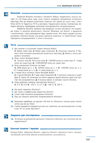 §16. ЕВОЛЮЦІЯ ВСЕСВІТУ
Висновки ________ ■ ■
Еволюція Всесвіту почалася з Великого Вибуху надзвичайно щільної ма­
терії 13—20 млрд років тому, коли сталося загадкове розширення космічного
простору, Про це свідчить розлітання галактик, яке триває до цього часу, і вміст
Гелію (25%) та Гідрогену (75%) у речовині; Надзвичайно високу температуру мо­
лодого Всесвіту підтверджує реліктове електромагнітне випромінювання.
Майбутнє Всесвіту залежить від середньої густини речовини, яка взаємо­
діє згідно із законом всесвітнього тяжіння. Можливо, що Всесвіт є відкритим
і нескінченним, і його розширення буде тривати вічно. Але якщо середня густина
речовини у Всесвіті більша ніж деяка критична величина, то такий Всесвіт може
періодично розширюватися, а потім стискатися.
Щ Тести ----------------
1. Що означає в астрономії термін Великий Вибух?
А. Вибух нової зорі. Б. Вибух ядра галактики. В. Зіткнення галактик. Г. Мо­
мент, коли почалося розширення космічного простору. Д. Момент, коли утво­
рилися галактики.
2. Коли стався Великий Вибух?
А. 10 років тому. Б. 2003 роки тому. В. 1000000 років до нашої ери. Г. 1 млрд
років до нашої ери. Д. 15000000000 років до нашої ери.
3. Коли утворилася Сонячна система?
А. 6000 років до н. е. Б. 100000 років до н. е. В. 1000000 років до н. е.
Г. 5 млрд років до н. е. Д. 15 млрд років до н. е.
4. У якому місці космосу стався Великий Вибух?
А. Уцентрі Всесвіту. Б. Уядрі нашої Галактики. В. Ускупченні галактик у сузір'ї
Діви. Г. Скрізь, бо галактики не летять відносно решти Всесвіту, адже сам про­
стір теж розширюється. Д. В іншому вимірі за межами нашого Всесвіту.
5. Чому дорівнює середня температура Всесвіту?
А. 0°С. Б. 0 К. В. -270 °С. Г. 2,7 К. Д. -300 °С. Е. 300 К.
6. Яка доля закритого Всесвіту?
7. Що чекає в майбутньому відкритий Всесвіт?
8 . З якої події почалося розширення Всесвіту?
9. Про що свідчить реліктове випромінювання Всесвіту?
10. Галактика перебуває на відстані 100 млн пк. Обчисліть, скільки років летить
світло від неї до Землі.
11. З якою швидкістю віддаляється від нас галактика, яка розташовується на від­
стані 109 св. років від Землі?
Завдання для спостережень ■■м, -----
12. Чи можна за допомогою шкільного телескопа побачити, що галактики від нас
віддаляються?
Ключові поняття і терміни: ________ ■■■■
Великий Вибух, відкритий Всесвіт, закритий Всесвіт, паралельні світи, пульсую­
чий Всесвіт, реліктове фонове випромінювання, сингулярність.
131
 