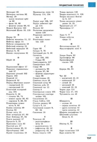 ПРЕДМЕТНИЙ ПОКАЖЧИК
М етеорит 89
М етеорна частина 89
М ісяць 59
— вузл и м іся ч н ої о р б і­
ти 60
— ф ази 59, 60
— ф ізи ч н і ум ови 6 0 , 61
М оделі В сесвіту 123
М олочний Ш лях 10, 118
Н
Н ади р 16
Н ебесн а м ехан ік а 11, 12
Н ебесн а сф ера 14
Н ебесн і к оординати 18
Н ебесн и й екватор 15
Н ебесн и й м ер и діан 16
Н еп тун 9, 78
Н и ж н є сп ол учен н я 31
О
О брій 16
п
П арн ік ови й еф ект 57
П аралакс гори зон тал ь­
ний 37
П аралакс р іч н и й 102
П арсек 103
П ери гей 41
П ер и гел ій 32
П еріод обертання планет
— си дер и ч н и й 31
— си н оди ч н и й 31
П івн іч н и й п олярний
ряд 104
П ланети 6, 56
— гіган ти 5 6 , 74
— зем н о ї групи 5 6 , 65
— к арлики 9, 8 6 , 93
П ланетарна тум ан ­
ність 9 , 93
П лям а сон ячн а 99
П лутон 93
П олю с світу 15
П ояс астер оїдів 8 7 , 93
П ояс К ой п ера 8 7 , 94
П ояси р ад іа ц ії 57
П р ец есія 6 , 25
П ри пливні си ли 83
П ростий рік 27
П ротистоян ня ЗО, 31
П ротуберан ц і 100
П рям е сх о д ж ен н я 18
П рям ови сна л ін ія 16
П ульсар 1 1 4 , 134
Р
Р а д іу с зор і 1 0 6 , 107
Р а діус н ебесн ої сф е­
ри 114
Р егол іт 62
Р ел ік тове ви п ром ін ю ­
вання 128
Р озділ ь н а здатність
ока 48
Р озл ітан н я галак ­
тик 123
С
Сарос 60
С атурн 9, 76
С вітловий рік 9 , 10
С вітність
— зор і 1 0 4 , 105
— С онця 96
С ингулярність 127
С инергетик а 133
С онце 96
— активн ість 99
— будова 9 7 , 98
— ф ізи ч н і хар ак тер и с­
тики 96
С онцестояння 26
С онячна стала 26
С онячний вітер 98
С онячна доба 21
С онячний час 21
С пектр 8
С пектральні класи 105
С пектральні сп остер е­
ж ен н я 105
С получення 31
Стала Габбла 123
С тупінь р и зи к у 88
С узір ’я 6, 14
С упутн ики планет 9,
8 0 — 84
С хилення 18
Т
Т елескоп 49
— радіоін тер ф ер о­
м етр 51
— радіотел еск оп 51
— реф лектор 4 9 , 50
— реф рактор 4 9 , 50
Темна ен ергія 130
Т ем на матерія 130
Т еорія відносності 8 , 126
Т еор ія еволю ції В сесв і­
ту 8 , 127
Т очка весняного р ів н о ­
ден н я 18, 25
Т ропічний рік 2 7
Тропосфера 57
У
Уран 9, 77
У явна н ебесн а
сф ера 15
Ф
Ф отоп ом н ож увач 51
Ф раунгоф ерові л ін ії 8
X
Х м ара О орта 92
Х р ом осф ер а 9 8
Х р ом осф ер н и й
сп ал ах 10 0
ц
Ц ерера 8 6 , 94
Ч
Ч ас 22
— всесв ітн ій 22, 23
— к и ївсь к и й 23
— л іт н ій 23
— м ісц ев и й 23
— п оя сн и й 22, 23
Ч орн а дір а 114
Ч орн е тіло 47, 105
Ч утл и вість ока 49
Ш
Ш видкість
— колова 40
— перш а космічна 40
— др уга космічна 42
— третя космічна 42
Ш ирота географічна 14
Ш тучний супутник
Зем л і 8, 41
Ю
Ю пітер 9, 75
Я
Я дро галактики 119
Я дро ком ети 92
 