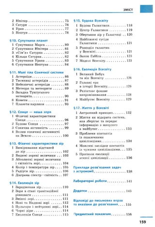 ЗМІСТ
2 Ю п іт е р ........................................................ 75
3 С атурн ...................................................... 76
4 У р а н ..............................................................77
5 Н е п т у н ........................................................78
§10. Супутники планет
1 С у п у тн и к и М а р с а ...............................8 0
2 С у п у тн и к и Ю п іт е р а .........................81
3 « С ім ’я» С а т у р н а ................................8 2
4 К іл ь ц я С а т у р н а ...................................8 2
5 С у п у т н и к и У р а н а ...............................8 3
6 С у п у тн и к и Н е п т у н а .........................8 4
§11. Малі тіла Сонячної системи
1 А с т е р о їд и ..................................................8 6
2 Т а єм н и ц і а с т е р о їд ів .......................8 7
3 Н е б езп еч н і а с т е р о їд и ....................8 8
4 М етео р и та м е т е о р и т и .................8 9
5 З а г а д к а Т у н гу сь к о го
м е т е о р и т а ..................................................9 0
6 К о м е т и ........................................................91
7 П л а н е т и -к а р л и к и .............................9 3
§12. Сонце — наша зоря
1 Ф ізи ч н і х а р а к т ер и ст и к и
С о н ц я ...........................................................9 6
2 Б у д о в а С о н ц я ......................................9 7
3 С он я ч н а а к т и в н іс т ь .......................9 9
4 В п л и в со н я ч н о ї а к т и в н о сті
на З е м л ю ...............................................1 0 0
§13. Фізичні характеристики зір
1 В и м ір ю в а н н я в ід ст а н ей
д о з і р ........................................................ 10 2
2 В и д и м і зо р я н і в ел и ч и н и . . . 10 3
3 А б со л ю т н і зо р я н і в ел и ч и н и
і св іт н іст ь з о р і.................................104
4 К о л ір і т ем п ер а т у р а з і р . . . . 10 5
5 Р а д іу с и з і р ............................................1 06
6 Д іагр ам а сп ек тр — світн ість . . 107
§14. Еволюція зір
1 З а р о д ж е н н я з і р ..............................1 1 0
2 З о р я в ст а н і гр а в іт а ц ій н о ї
р ів н о в а г и ...............................................111
3 З м ін н і з о р і............................................111
4 Н ов і та Н а д н о в і з о р і ...............1 1 2
5 П у л ь са р и і н ей т р о н н із о р і. . 1 1 4
6 Ч о р н і д і р и ............................................114
7 Е в о л ю ц ія С о н ц я ............................. 1 1 5
§15. Будова Всесвіту
1 Б уд ов а Г а л а к т и к и ..........................1 1 8
2 Ц ен тр Г а л а к ти к и ........................ 1 1 9
3 О бертання зір у Г алактиці . . 1 20
4 Н а й б л и ж ч і су сід и
Г а л а к т и к и ............................................121
5 Р о зп о д іл гал ак ти к
у В с е с в іт і...............................................121
6 З а к о н Г а б б л а ...................................... 123
7 М о д ел і В с е с в іт у .................................123
§16. Еволюція Всесвіту
1 В ел и к и й В и бух
та в ік В с е с в іт у ................................ 126
2 Г ол овн і ери
в іс т о р ії В с е с в іт у .............................126
3 Р ел ік т о в е ф о н о в е
в и п р о м ін ю в а н н я ............................ 128
4 М ай бутн є В с е с в і т у ...................... 129
§ 17. Життя у Всесвіті
1 А н т р о п н и й п р и н ц и п .................132
2 Ж и т т я я к в ід к р и т а систем а,
я к а з б е р іг а є та п ер едає
ін ф о р м а ц ію з м и н ул ого
в м а й б у т н є .........................................1 3 3
З П р о б л ем и к он так тів
із п озазем н и м и
ц и в іл іза ц ія м и ................................... 1 3 4
4 М ож л и ві н асл ідк и контактів
із ч у ж и м и ц и в іл із а ц ія м и . . . 1 3 5
5 П р огн ози ев о л ю ц ії
зем н о ї ц и в іл із а ц ії...........................1 3 6
Приклади розв'язання задач
з астрономії..................................... 138
Лабораторні роботи......................141
Додатки ......................................... 145
Відповіді до письмових вправ
та вказівки до розв'язання. . . . 155
Предметний покажчик.................156
 