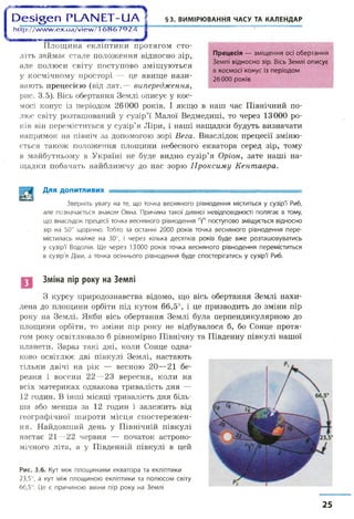 О е 5 і § е п Р Ь А Н Е Т - и А І§3. ВИМІРЮВАННЯ ЧАСУ ТА КАЛЕНДАР
http://w w w .ex.ua/view /16867924 |
Площина екліптики протягом сто­
літь займає стале положення відносно зір,
але полюси світу поступово зміщуються
у космічному просторі — це явище нази­
вають прецесією (від лат.— випередження,
рис. 3.5). Вісь обертання Землі описує у кос­
мосі конус із періодом 26000 років. І якщо в наш час Північний по­
люс світу розташований у сузір’ї Малої Ведмедиці, то через 13000 ро­
ків він переміститься у сузір’я Ліри, і наші нащадки будуть визначати
напрямок на північ за допомогою зорі Вега. Внаслідок прецесії зміню­
ється також положення площини небесного екватора серед зір, тому
в майбутньому в Україні не буде видно сузір’я Оріон, зате наші на­
щадки побачать найближчу до нас зорю Проксиму Кентавра.
Для ДОПИТЛИВИХ —..................... І ................... ..
Зверніть увагу на те, що точка весняного рівнодення міститься у сузір'ї' Риб,
але позначається знаком Овна. Причина такої дивної невідповідності полягає в тому,
що внаслідок прецесії точка весняного рівнодення У поступово зміщується відносно
зір на 50" щорічно. Тобто за останні 2000 років точка весняного рівнодення пере­
містилась майже на 30°, і через кілька десятків років буде вже розташовуватись
у сузір'ї Водолія. Ще через 13000 років точка весняного рівнодення переміститься
в сузір'я Діви, а точка осіннього рівнодення буде спостерігатись у сузір'ї Риб.
Зміна пір року на Землі
З курсу природознавства відомо, що вісь обертання Землі нахи­
лена до площини орбіти під кутом 66,5°, і це призводить до зміни пір
року на Землі. Якби вісь обертання Землі була перпендикулярною до
площини орбіти, то зміни пір року не відбувалося б, бо Сонце протя­
гом року освітлювало б рівномірно Північну та Південну півкулі нашої
планети. Зараз такі дні, коли Сонце одна­
ково освітлює дві півкулі Землі, настають
тільки двічі на рік — весною 20—21 бе­
резня і восени 22—23 вересня, коли на
всіх материках однакова тривалість дня —
12 годин. В інші місяці тривалість дня біль­
ша або менша за 12 годин і залежить від
географічної широти місця спостережен­
ня. Найдовший день у Північній півкулі
настає 21—22 червня — початок астроно­
мічного літа, а у Південній півкулі в цей
Рис. З.б. Кут між площинами екватора та екліптики
23,5°, а кут між площиною екліптики та полюсом світу
66,5°. Це є причиною зміни пір року на Землі
Прецесія — зміщення осі обертання
Землі відносно зір. Вісь Землі описує
в космосі конус із періодом
26000 років
25
 
