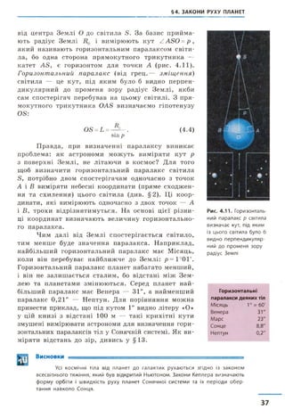 §4. ЗАКОНИ РУХУ ПЛАНЕТ
від центра Землі О до світила 5. За базис прийма­
ють радіус Землі і вимірюють кут ZASO = p ,
який називають горизонтальним паралаксом світи­
ла, бо одна сторона прямокутного трикутника —
катет ДД, є горизонтом для точки А (рис. 4.11).
Горизонтальний паралакс (від грец.— зміщення)
світила — це кут, під яким було б видно перпен­
дикулярний до променя зору радіус Землі, якби
сам спостерігач перебував на цьому світилі. З пря­
мокутного трикутника ОАБ визначаємо гіпотенузу
Ов:
OS =L =— - . (4.4)
sin р
Правда, при визначенні паралаксу виникає
проблема: як астрономи можуть виміряти кут р
з поверхні Землі, не літаючи в космос? Для того
щоб визначити горизонтальний паралакс світила
S, потрібно двом спостерігачам одночасно з точок
А і В виміряти небесні координати (пряме сходжен­
ня та схилення) цього світила (див. §2). Ці коор­
динати, які вимірюють одночасно з двох точок — А
і В, трохи відрізнятимуться. На основі цієї різни­
ці координат визначають величину горизонтально­
го паралакса.
Чим далі від Землі спостерігається світило,
тим менше буде значення паралакса. Наприклад,
найбільший горизонтальний паралакс має Місяць,
коли він перебуває найближче до Землі: р = 1°01'.
Горизонтальний паралакс планет набагато менший,
і він не залишається сталим, бо відстані між Зем­
лею та планетами змінюються. Серед планет най­
більший паралакс має Венера — 31", а найменший
паралакс 0,21" — Нептун. Для порівняння можна
привести прйклад, що під кутом 1” видно літеру «О»
у цій книзі з відстані 100 м — такі крихітні кути
змушені вимірювати астрономи для визначення гори­
зонтальних паралаксів тіл у Сонячній системі. Як ви­
міряти відстань до зір, дивись у §13.
Рис. 4.11. Горизонталь­
ний паралакс р світила
визначає кут, під яким
із цього світила було б
видно перпендикуляр­
ний до променя зору
радіус Землі
Горизонтальні
паралакси деяких тіл
Місяць 1° = 60'
Венера 31"
Марс 23"
Сонце 8,8"
Нептун 0,2"
Висновки —.............- . . . -
Усі космічні тіла від планет до галактик рухаються згідно із законом
всесвітнього тяжіння, який був відкритий Ньютоном. Закони Кеплера визначають
форму орбіти і швидкість руху планет Сонячної системи та їх періоди обер­
тання навколо Сонця.
37
 